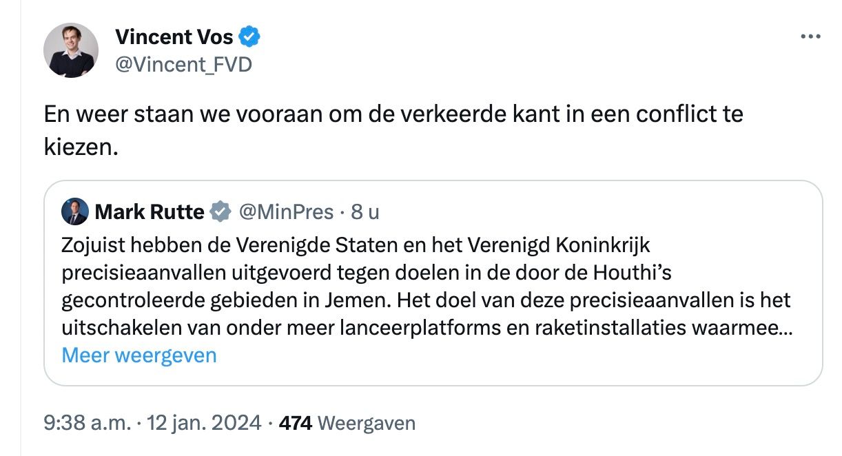 Dutch FVD Leader Vincent Vos Tweets Controversial Statement on Netherlands’ Role in Conflict – Houthis Flag mentioned